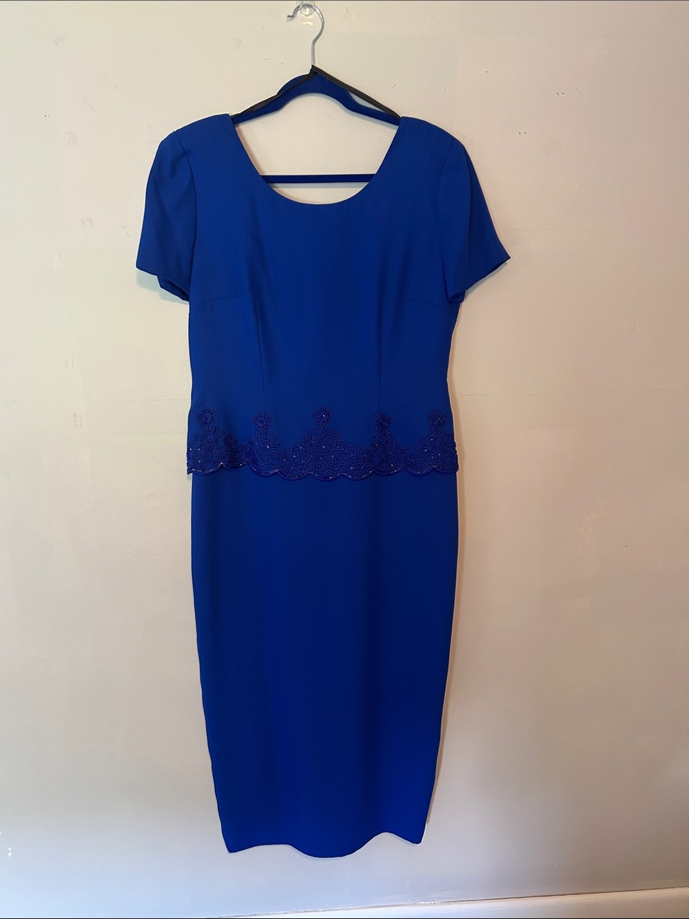 R&M Richards royal blue formal dress with a delicate beaded scalloped waist